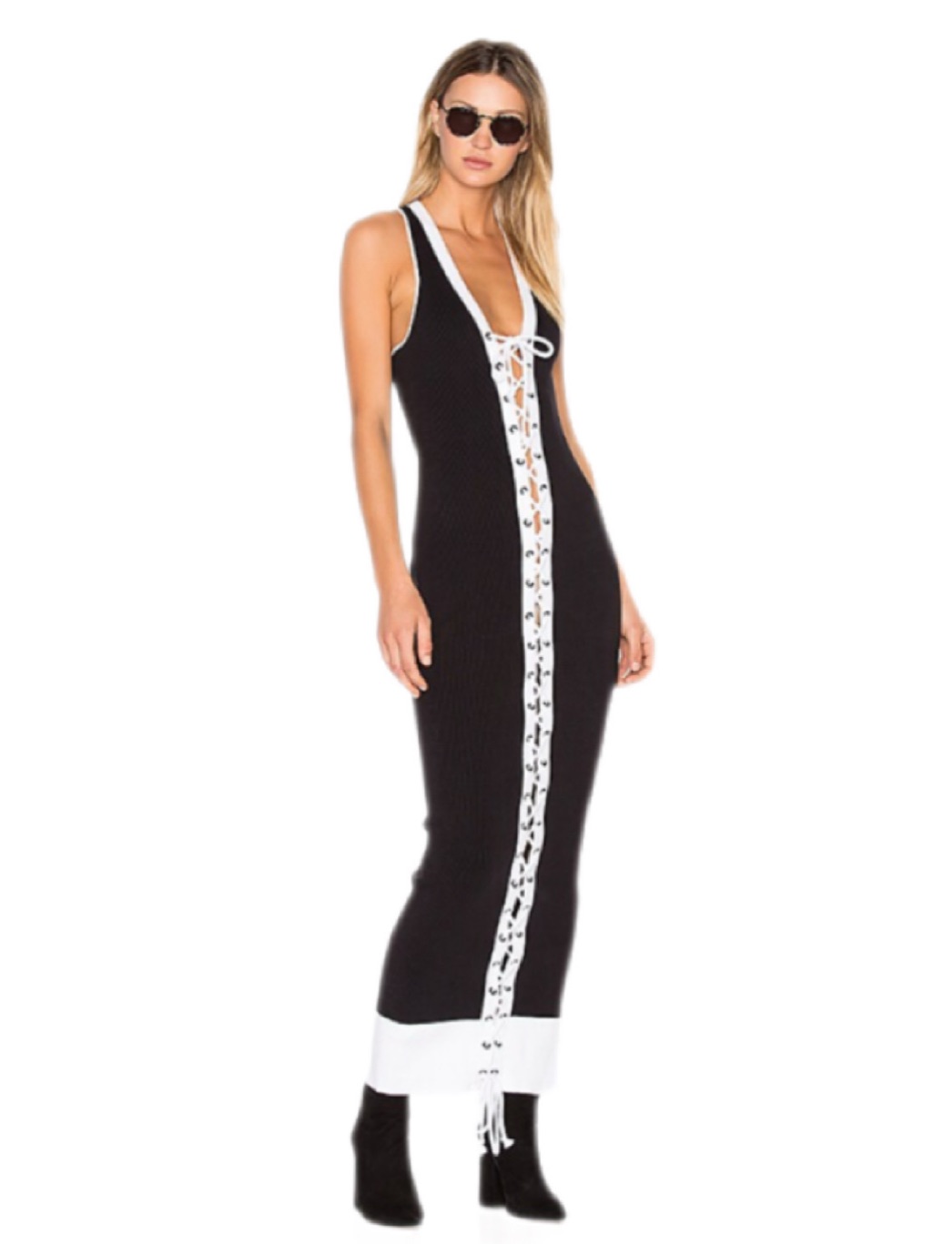 Fenty X Puma By Rihanna Lacing Rib Knit Lace-Up Maxi Dress Black White M Nwt